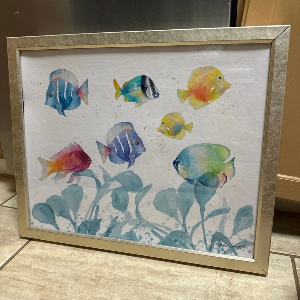 Colorful Fish Watercolor Art in Silver Frame